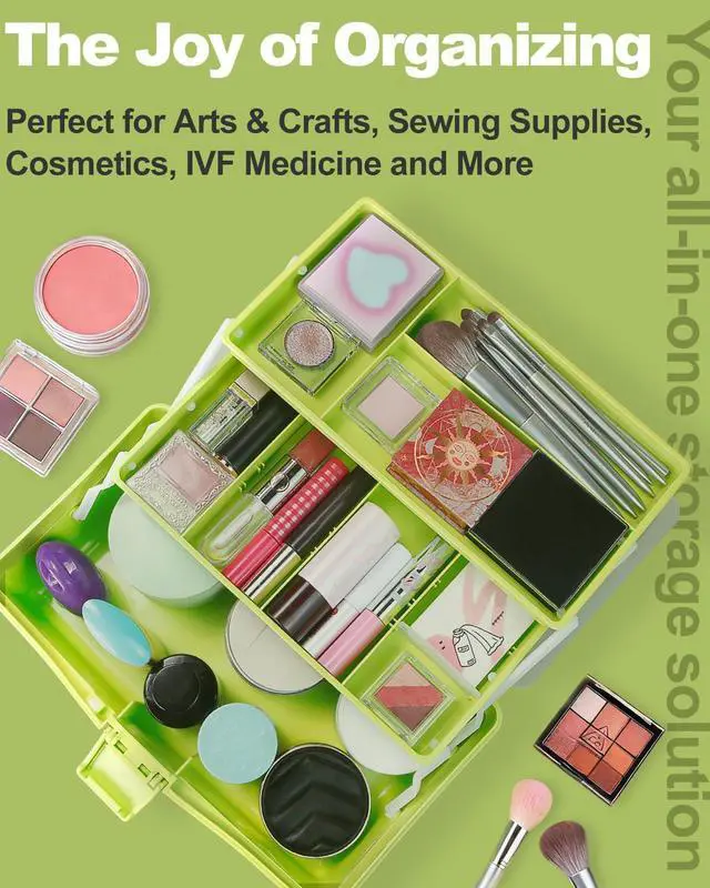 Alt view image 6 of 7 - 12in 3-Layer Plastic Craft Organizers and Storage, Portable Folding Tackle Box with Handle & Adjustable Dividers, Multipurpose Case for Sewing, Art Supplies, Medicine, Tools (Green)