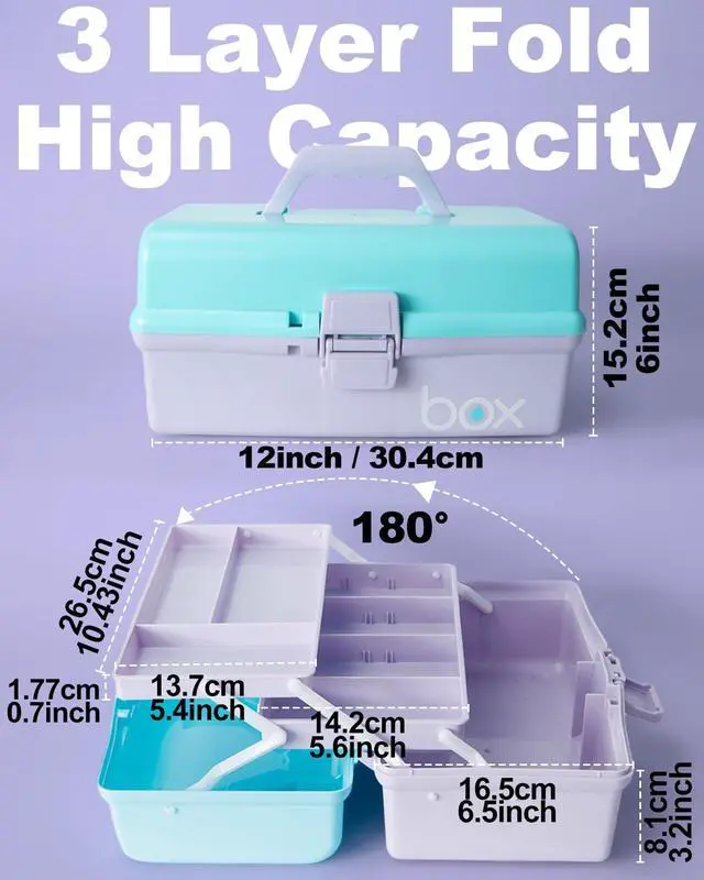 Alt view image 2 of 7 - 12in 3-Layer Plastic Craft Organizers and Storage, Portable Folding Tackle Box with Handle & Adjustable Dividers, Multipurpose Case for Sewing, Art Supplies, Medicine, Tools (Purple Blue)