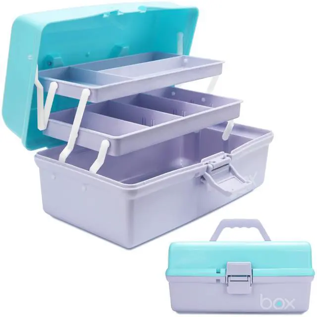 Main image of 12in 3-Layer Plastic Craft Organizers and Storage, Portable Folding Tackle Box with Handle & Adjustable Dividers, Multipurpose Case for Sewing, Art Supplies, Medicine, Tools (Purple Blue)