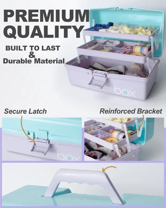 Alt view image 3 of 7 - 12in 3-Layer Plastic Craft Organizers and Storage, Portable Folding Tackle Box with Handle & Adjustable Dividers, Multipurpose Case for Sewing, Art Supplies, Medicine, Tools (Purple Blue)