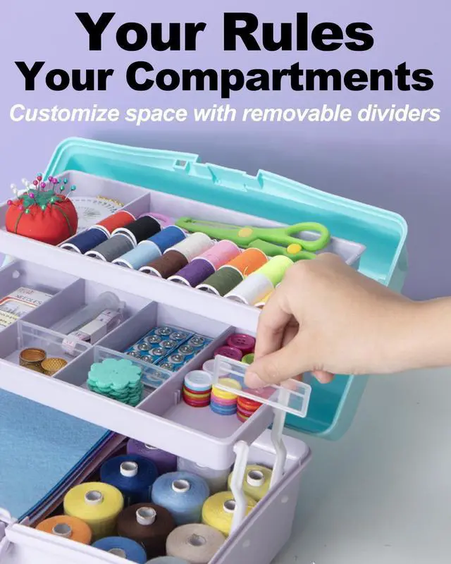 Alt view image 4 of 7 - 12in 3-Layer Plastic Craft Organizers and Storage, Portable Folding Tackle Box with Handle & Adjustable Dividers, Multipurpose Case for Sewing, Art Supplies, Medicine, Tools (Purple Blue)
