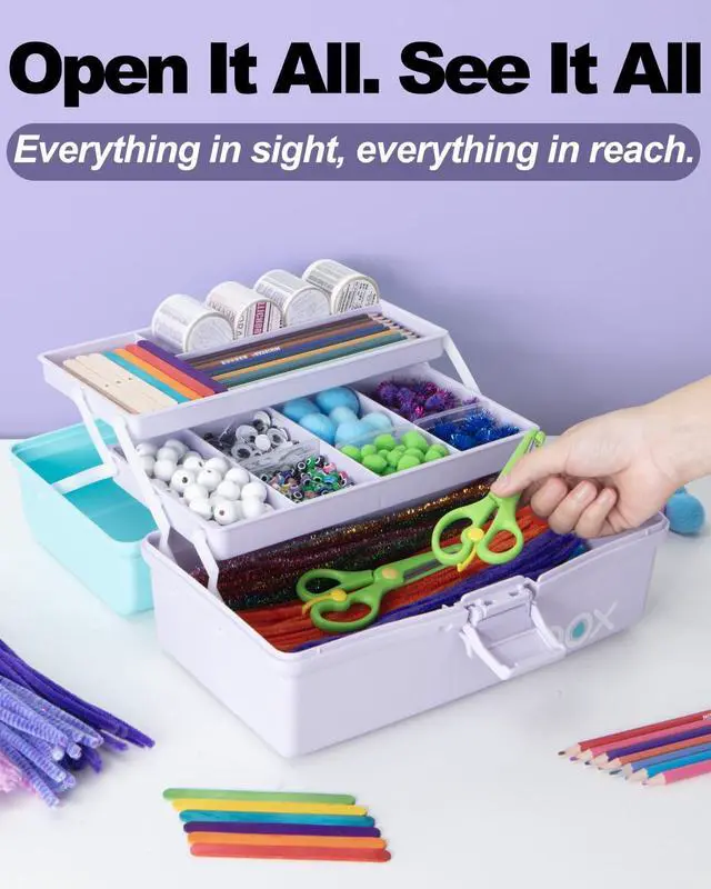 Alt view image 5 of 7 - 12in 3-Layer Plastic Craft Organizers and Storage, Portable Folding Tackle Box with Handle & Adjustable Dividers, Multipurpose Case for Sewing, Art Supplies, Medicine, Tools (Purple Blue)