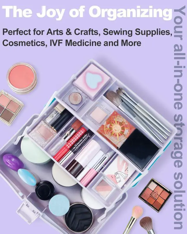 Alt view image 6 of 7 - 12in 3-Layer Plastic Craft Organizers and Storage, Portable Folding Tackle Box with Handle & Adjustable Dividers, Multipurpose Case for Sewing, Art Supplies, Medicine, Tools (Purple Blue)
