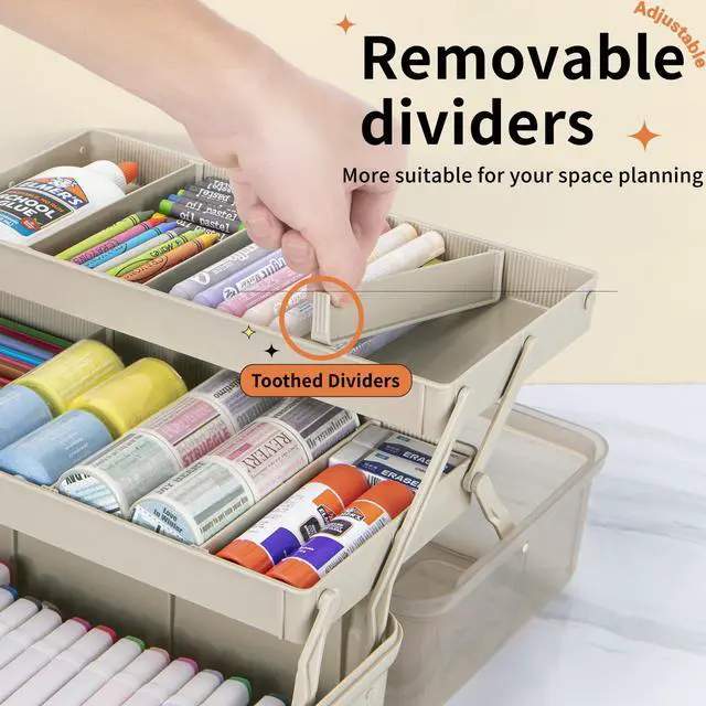 Alt view image 3 of 6 - 14in 3-Layer Multipurpose Craft Organizers and Storage with Adjustable Dividers, Portable Tackle Box, Folding Art & Craft Case for Medicine, Tool, Sewing Organizer (Brown, X-Large)