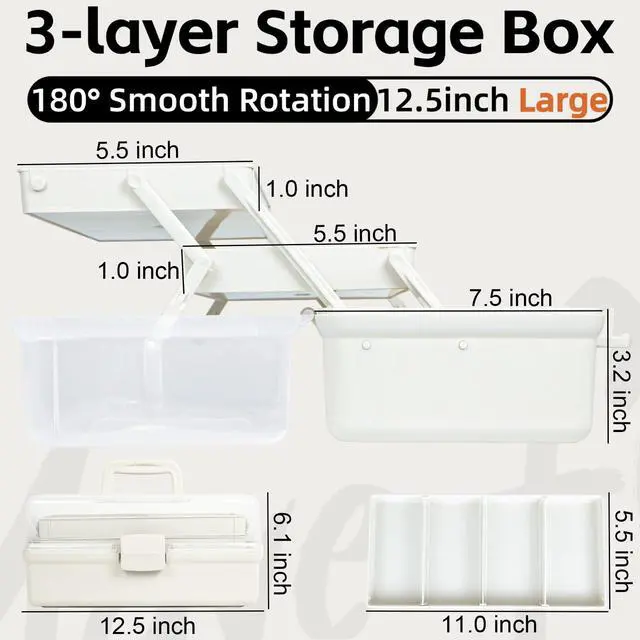 Alt view image 2 of 6 - 12.5in 3-Layer Multipurpose Craft Organizers and Storage with Adjustable Dividers, Portable Tackle Box, Folding Art & Craft Case for Medicine, Tool, Sewing Organizer (White)