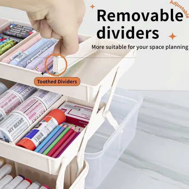 Alt view image 4 of 6 - 12.5in 3-Layer Multipurpose Craft Organizers and Storage with Adjustable Dividers, Portable Tackle Box, Folding Art & Craft Case for Medicine, Tool, Sewing Organizer (White)