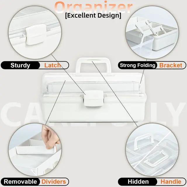Alt view image 6 of 6 - 12.5in 3-Layer Multipurpose Craft Organizers and Storage with Adjustable Dividers, Portable Tackle Box, Folding Art & Craft Case for Medicine, Tool, Sewing Organizer (White)
