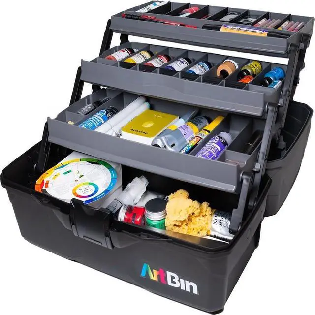 Main image of 3-Tray Art Supply Box Versatile Organizer for Brushes, Paints, Stamps, and More - Durable Hard Plastic, Secure Closure, Portable with Top Trays and Dividers