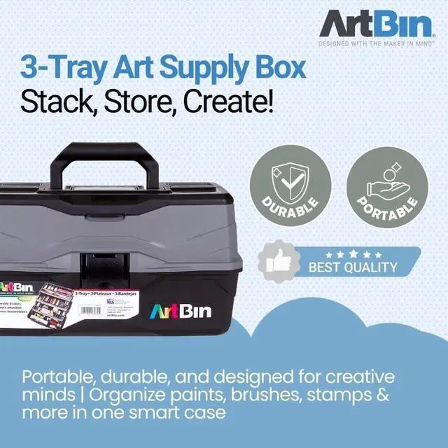 Alt view image 3 of 7 - 3-Tray Art Supply Box Versatile Organizer for Brushes, Paints, Stamps, and More - Durable Hard Plastic, Secure Closure, Portable with Top Trays and Dividers