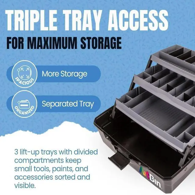 Alt view image 4 of 7 - 3-Tray Art Supply Box Versatile Organizer for Brushes, Paints, Stamps, and More - Durable Hard Plastic, Secure Closure, Portable with Top Trays and Dividers