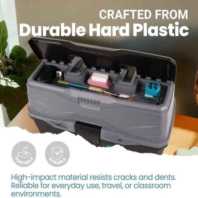 Alt view image 6 of 7 - 3-Tray Art Supply Box Versatile Organizer for Brushes, Paints, Stamps, and More - Durable Hard Plastic, Secure Closure, Portable with Top Trays and Dividers