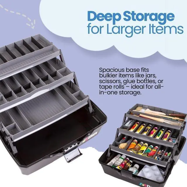 Alt view image 5 of 7 - 3-Tray Art Supply Box Versatile Organizer for Brushes, Paints, Stamps, and More - Durable Hard Plastic, Secure Closure, Portable with Top Trays and Dividers