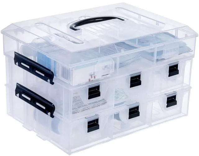 Main image of 11 Inch Clear Plastic Storage Box Container, Arts and Crafts Sewing Supplies Organizer Case with Black Accents, 24 Customizable Compartments, and 6 Drawers with Removable Dividers