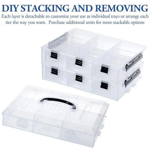 Alt view image 2 of 7 - 11 Inch Clear Plastic Storage Box Container, Arts and Crafts Sewing Supplies Organizer Case with Black Accents, 24 Customizable Compartments, and 6 Drawers with Removable Dividers