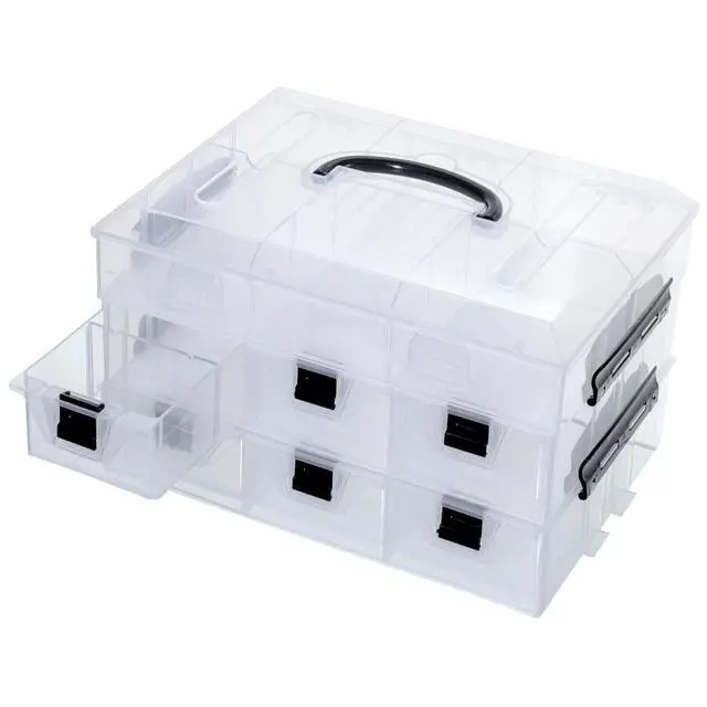 Alt view image 7 of 7 - 11 Inch Clear Plastic Storage Box Container, Arts and Crafts Sewing Supplies Organizer Case with Black Accents, 24 Customizable Compartments, and 6 Drawers with Removable Dividers