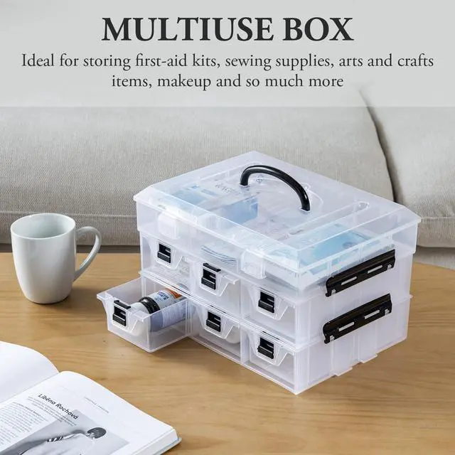 Alt view image 4 of 7 - 11 Inch Clear Plastic Storage Box Container, Arts and Crafts Sewing Supplies Organizer Case with Black Accents, 24 Customizable Compartments, and 6 Drawers with Removable Dividers