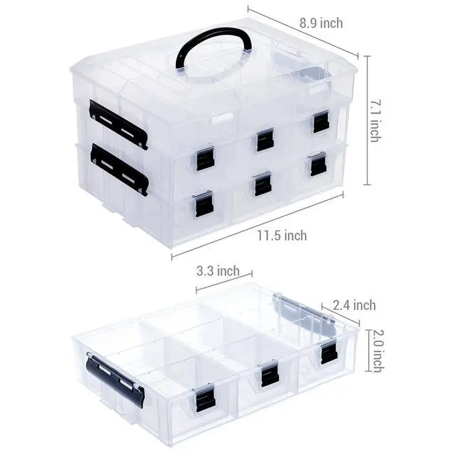 Alt view image 5 of 7 - 11 Inch Clear Plastic Storage Box Container, Arts and Crafts Sewing Supplies Organizer Case with Black Accents, 24 Customizable Compartments, and 6 Drawers with Removable Dividers