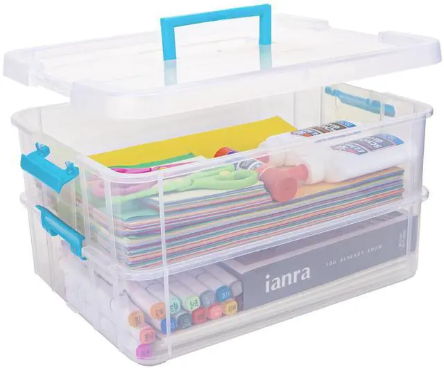 Main image of 2 Layer Plastic Storage Containers with Lids, Multipurpose Clear Stack & Carry Box, Portable Craft Organizers and Storage Bin for Organizing Art & Craft, Sewing, Makeup, Nail Supplies (Blue)
