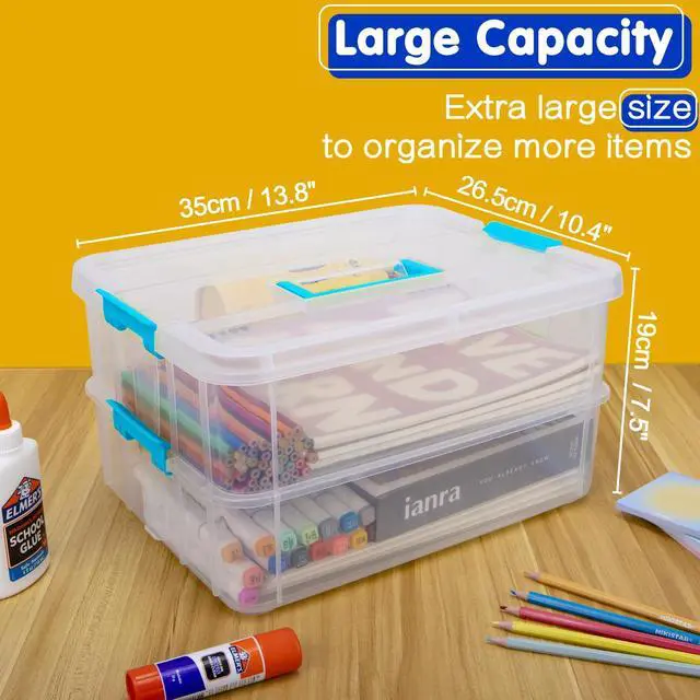 Alt view image 2 of 6 - 2 Layer Plastic Storage Containers with Lids, Multipurpose Clear Stack & Carry Box, Portable Craft Organizers and Storage Bin for Organizing Art & Craft, Sewing, Makeup, Nail Supplies (Blue)