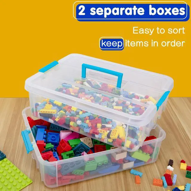 Alt view image 3 of 6 - 2 Layer Plastic Storage Containers with Lids, Multipurpose Clear Stack & Carry Box, Portable Craft Organizers and Storage Bin for Organizing Art & Craft, Sewing, Makeup, Nail Supplies (Blue)