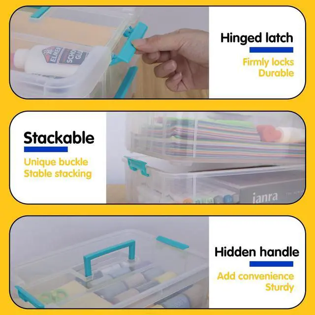 Alt view image 4 of 6 - 2 Layer Plastic Storage Containers with Lids, Multipurpose Clear Stack & Carry Box, Portable Craft Organizers and Storage Bin for Organizing Art & Craft, Sewing, Makeup, Nail Supplies (Blue)