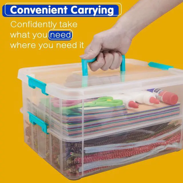Alt view image 5 of 6 - 2 Layer Plastic Storage Containers with Lids, Multipurpose Clear Stack & Carry Box, Portable Craft Organizers and Storage Bin for Organizing Art & Craft, Sewing, Makeup, Nail Supplies (Blue)