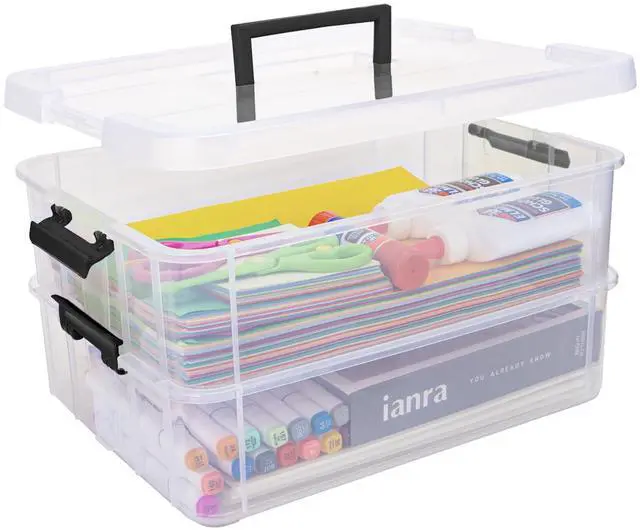 Main image of 2 Layer Plastic Storage Containers with Lids, Multipurpose Clear Stack & Carry Box, Portable Craft Organizers and Storage Bin for Organizing Art & Craft, Sewing, Makeup, Nail Supplies (Black)