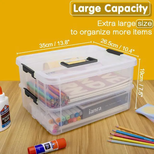 Alt view image 2 of 6 - 2 Layer Plastic Storage Containers with Lids, Multipurpose Clear Stack & Carry Box, Portable Craft Organizers and Storage Bin for Organizing Art & Craft, Sewing, Makeup, Nail Supplies (Black)