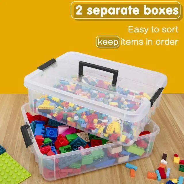 Alt view image 3 of 6 - 2 Layer Plastic Storage Containers with Lids, Multipurpose Clear Stack & Carry Box, Portable Craft Organizers and Storage Bin for Organizing Art & Craft, Sewing, Makeup, Nail Supplies (Black)
