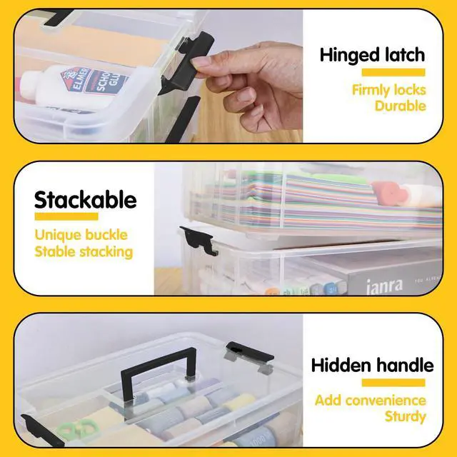 Alt view image 4 of 6 - 2 Layer Plastic Storage Containers with Lids, Multipurpose Clear Stack & Carry Box, Portable Craft Organizers and Storage Bin for Organizing Art & Craft, Sewing, Makeup, Nail Supplies (Black)