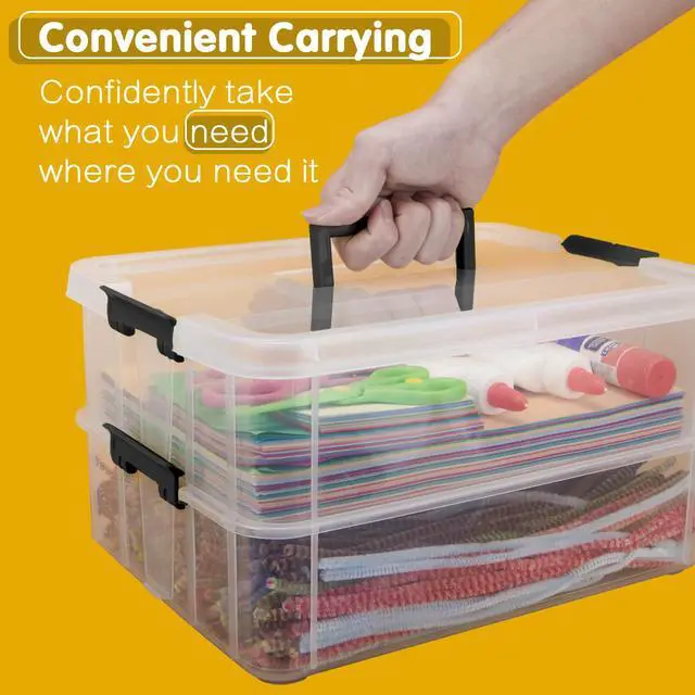 Alt view image 5 of 6 - 2 Layer Plastic Storage Containers with Lids, Multipurpose Clear Stack & Carry Box, Portable Craft Organizers and Storage Bin for Organizing Art & Craft, Sewing, Makeup, Nail Supplies (Black)