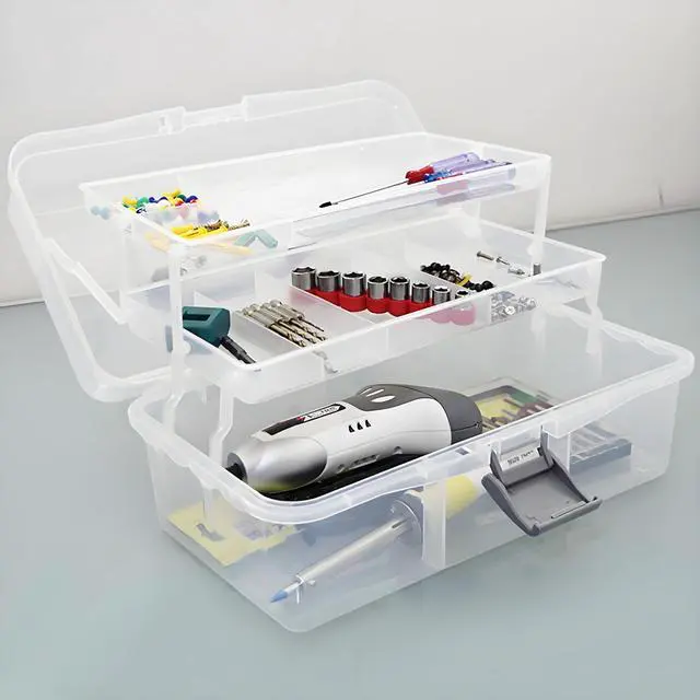 Alt view image 4 of 7 - 12-Inch 3 Layers Plastic Craft Organizer Box Storage Container First Aid Carrying Case for Sewing, Painting, Arts - Clear