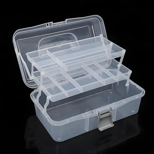 Alt view image 6 of 7 - 12-Inch 3 Layers Plastic Craft Organizer Box Storage Container First Aid Carrying Case for Sewing, Painting, Arts - Clear