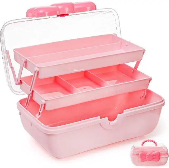 Main image of 11" Three-Layer Multipurpose Storage Box, Clear Plastic Art Craft Organizer, Portable First Aids Case with Handle Trays for Kids, Sewing Makeup Nail Hair Accessories, Home School Office(Pink)