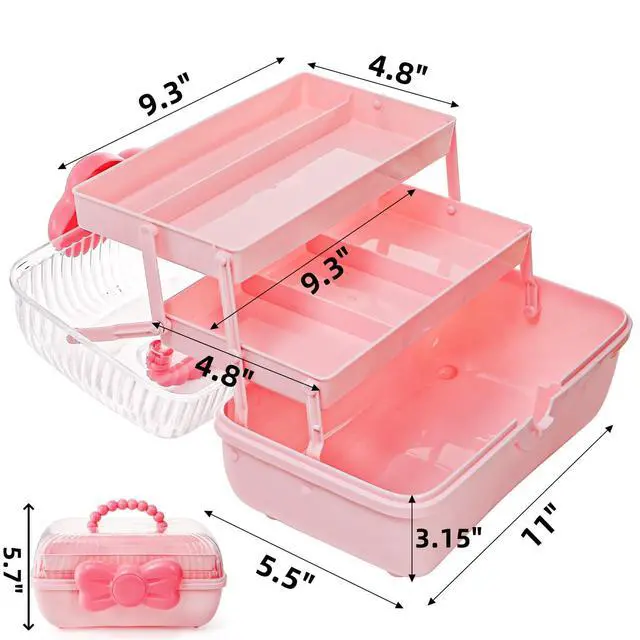 Alt view image 2 of 7 - 11" Three-Layer Multipurpose Storage Box, Clear Plastic Art Craft Organizer, Portable First Aids Case with Handle Trays for Kids, Sewing Makeup Nail Hair Accessories, Home School Office(Pink)