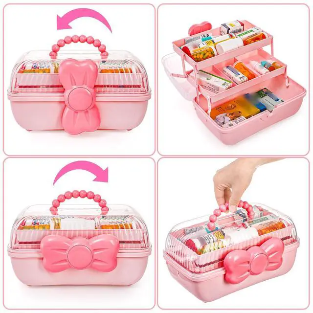 Alt view image 3 of 7 - 11" Three-Layer Multipurpose Storage Box, Clear Plastic Art Craft Organizer, Portable First Aids Case with Handle Trays for Kids, Sewing Makeup Nail Hair Accessories, Home School Office(Pink)