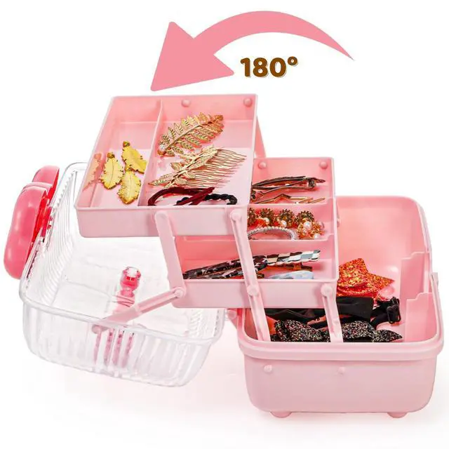 Alt view image 4 of 7 - 11" Three-Layer Multipurpose Storage Box, Clear Plastic Art Craft Organizer, Portable First Aids Case with Handle Trays for Kids, Sewing Makeup Nail Hair Accessories, Home School Office(Pink)