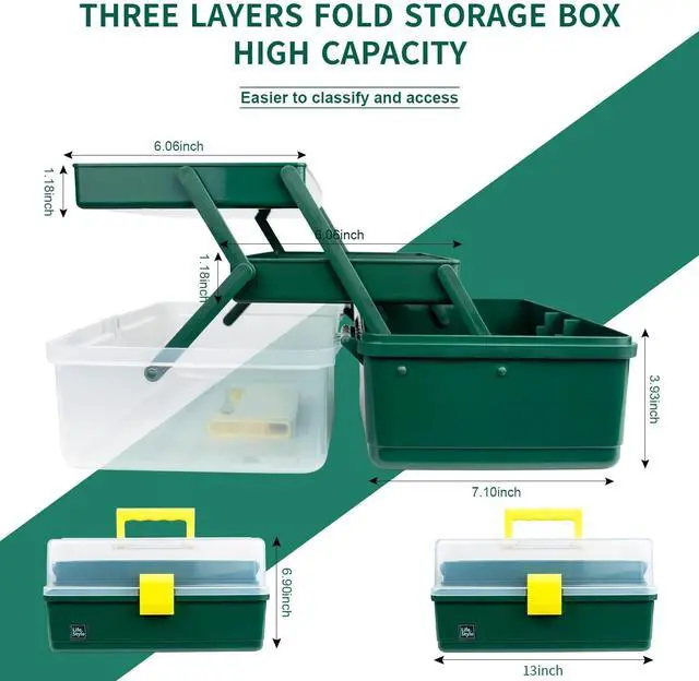 Alt view image 2 of 5 - 13 inch Art Craft Organizer Storage Box with 3 Layer, Multipurpose Plastic Tool Box with Handle for Sewing, Art Supply, Medicine, Nail, Hair Accessories (Dark Green)