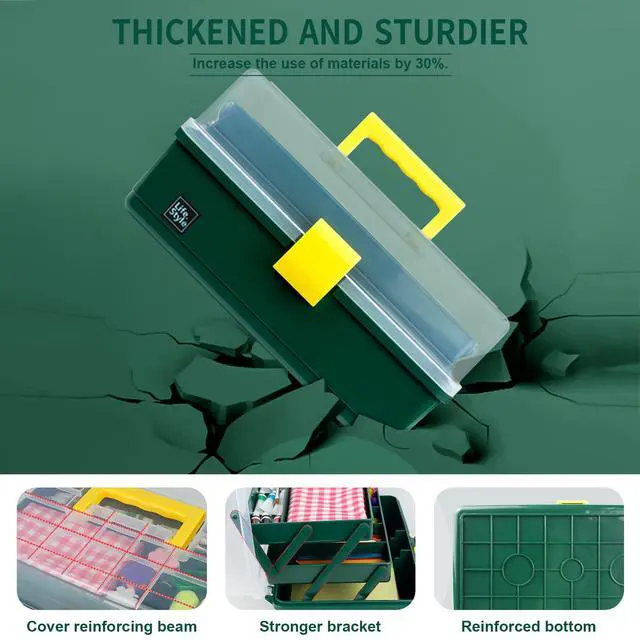 Alt view image 4 of 5 - 13 inch Art Craft Organizer Storage Box with 3 Layer, Multipurpose Plastic Tool Box with Handle for Sewing, Art Supply, Medicine, Nail, Hair Accessories (Dark Green)