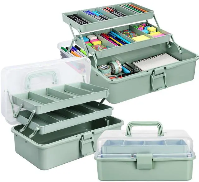 Main image of 2 Pcs 13 Inch 3-layer Multipurpose Craft Organizers Storage Portable Plastic Tackle Box with Adjustable Spacers and Handled Folding Art Craft Case for Sewing Art Supply Medicine(Green)