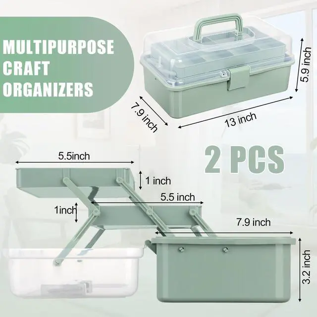 Alt view image 2 of 7 - 2 Pcs 13 Inch 3-layer Multipurpose Craft Organizers Storage Portable Plastic Tackle Box with Adjustable Spacers and Handled Folding Art Craft Case for Sewing Art Supply Medicine(Green)
