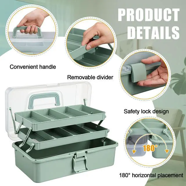 Alt view image 3 of 7 - 2 Pcs 13 Inch 3-layer Multipurpose Craft Organizers Storage Portable Plastic Tackle Box with Adjustable Spacers and Handled Folding Art Craft Case for Sewing Art Supply Medicine(Green)