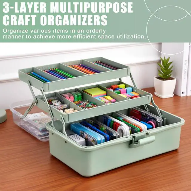 Alt view image 4 of 7 - 2 Pcs 13 Inch 3-layer Multipurpose Craft Organizers Storage Portable Plastic Tackle Box with Adjustable Spacers and Handled Folding Art Craft Case for Sewing Art Supply Medicine(Green)