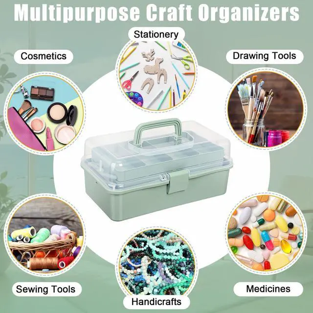 Alt view image 6 of 7 - 2 Pcs 13 Inch 3-layer Multipurpose Craft Organizers Storage Portable Plastic Tackle Box with Adjustable Spacers and Handled Folding Art Craft Case for Sewing Art Supply Medicine(Green)