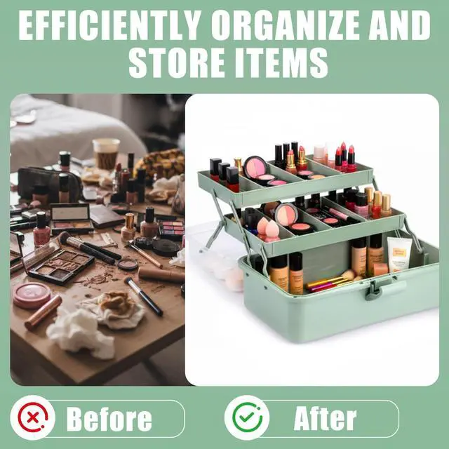 Alt view image 5 of 7 - 2 Pcs 13 Inch 3-layer Multipurpose Craft Organizers Storage Portable Plastic Tackle Box with Adjustable Spacers and Handled Folding Art Craft Case for Sewing Art Supply Medicine(Green)