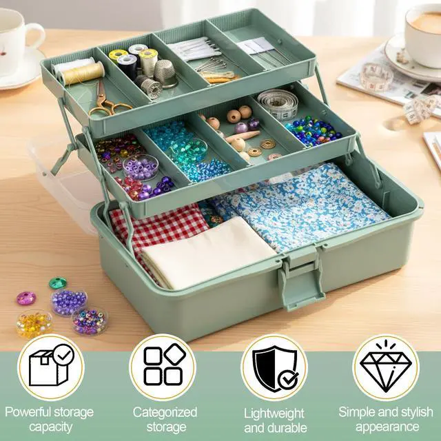 Alt view image 7 of 7 - 2 Pcs 13 Inch 3-layer Multipurpose Craft Organizers Storage Portable Plastic Tackle Box with Adjustable Spacers and Handled Folding Art Craft Case for Sewing Art Supply Medicine(Green)