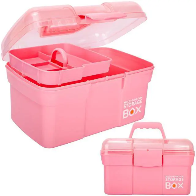 Main image of 11in Mutipurpose Storage Box Organizer with Removable Tray, Portable Small Craft Organizer with Handle, Plastic Clear Tool Box Art Case for Makeup, Sewing, Nail, Hair Accessories (Pink)