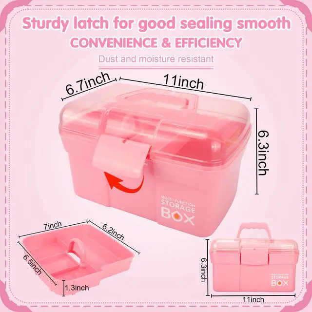 Alt view image 2 of 7 - 11in Mutipurpose Storage Box Organizer with Removable Tray, Portable Small Craft Organizer with Handle, Plastic Clear Tool Box Art Case for Makeup, Sewing, Nail, Hair Accessories (Pink)