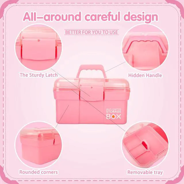 Alt view image 3 of 7 - 11in Mutipurpose Storage Box Organizer with Removable Tray, Portable Small Craft Organizer with Handle, Plastic Clear Tool Box Art Case for Makeup, Sewing, Nail, Hair Accessories (Pink)