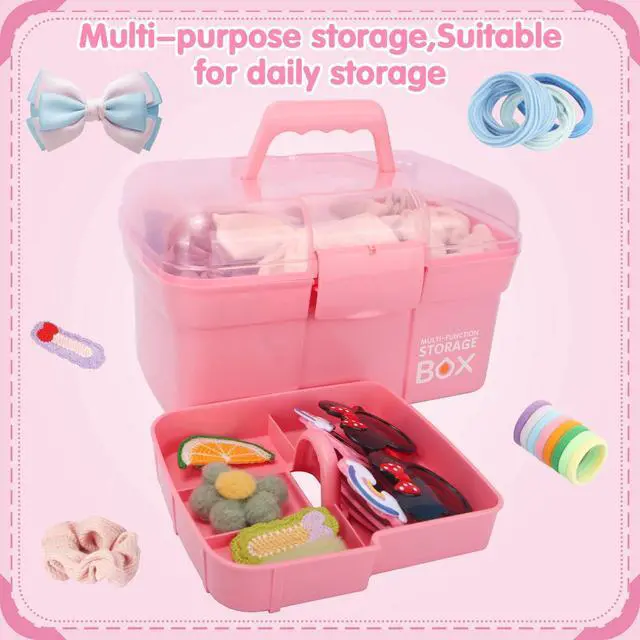Alt view image 4 of 7 - 11in Mutipurpose Storage Box Organizer with Removable Tray, Portable Small Craft Organizer with Handle, Plastic Clear Tool Box Art Case for Makeup, Sewing, Nail, Hair Accessories (Pink)